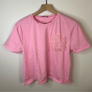 Zara Pink Organza Ruffle Pocket Cotton T-Shirt, L, Relaxed Fit Short Sleeve Tee